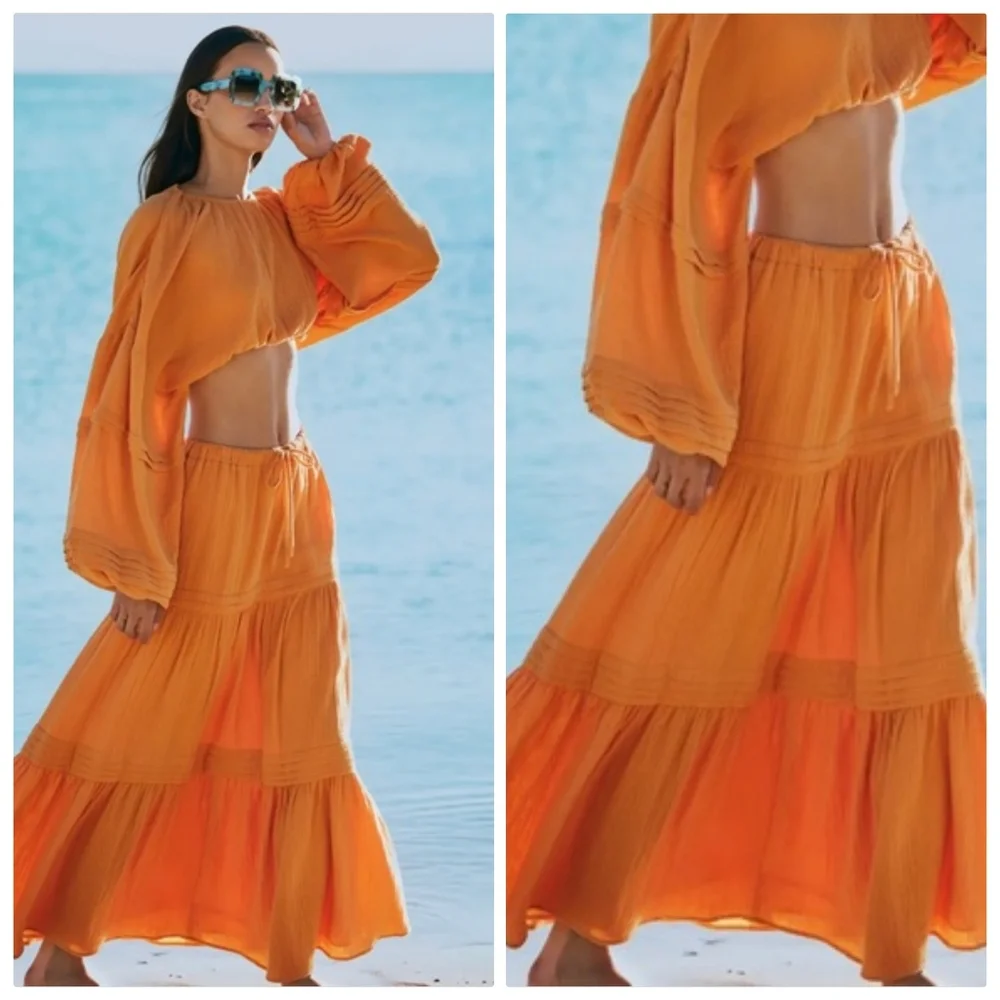 NWT Charlie Holiday Anthropologie Tiered Monica‎ Skirt Orange Sorbet Size Small - Picture 7 of 7